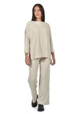 Beige rib top with assorted pants