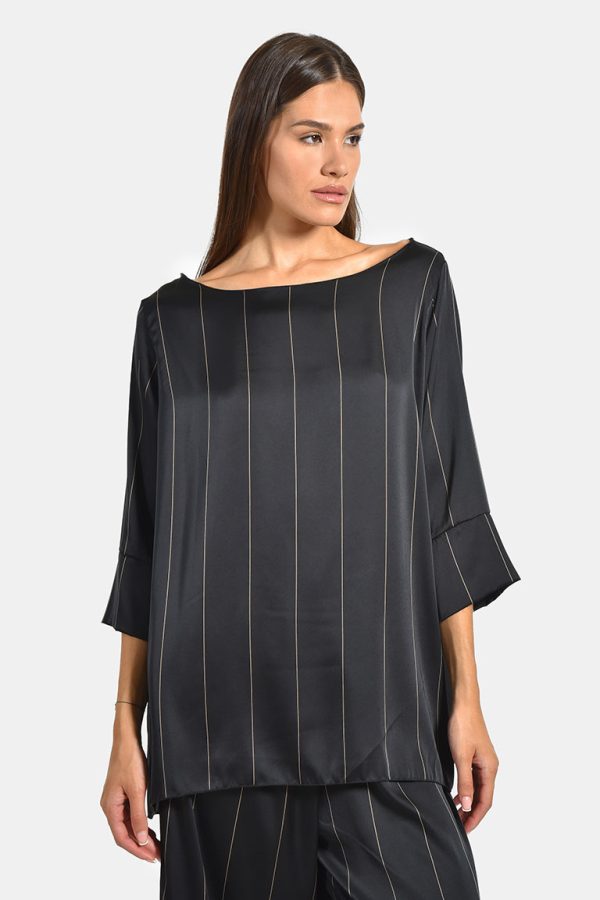 Striped oversized satin tορ