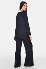 Μαύρο ριμπ σετ από ασύμμετρη μπλούζα και ίσιο παντελόνι - Image 3