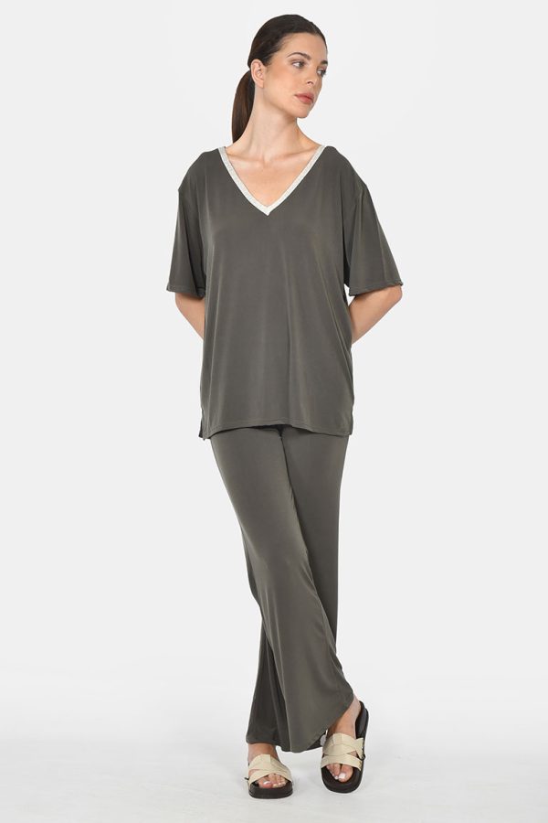 Loose khaki set of blouse and flared pants