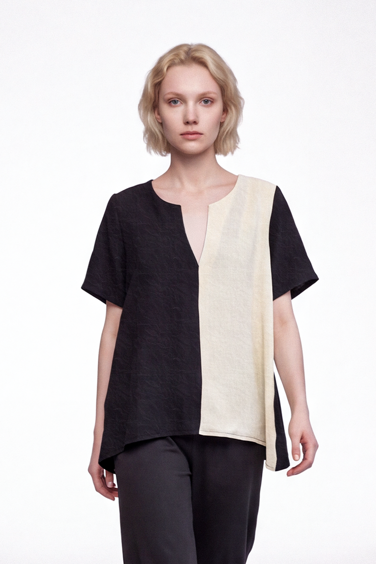 P05_FRONT (1) Off white and black top with sleeves - Image 1